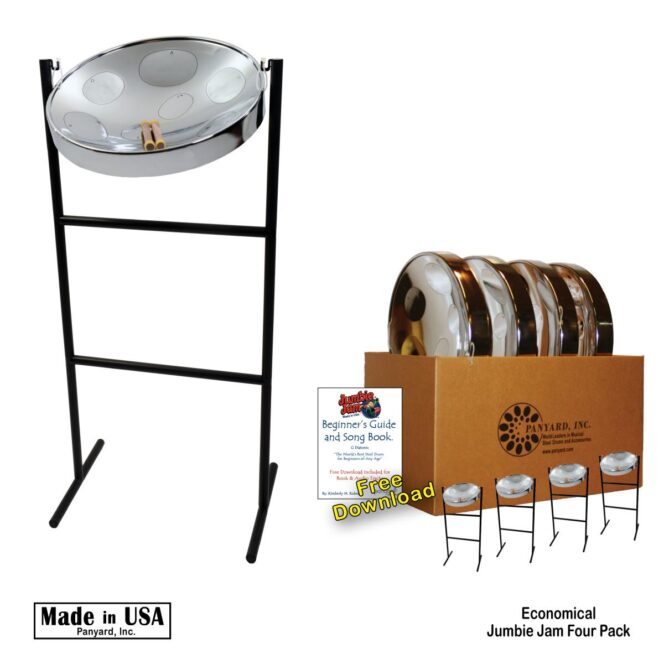 Jumbie Jam Steel Drum Educators 4-Pack - Tube Floor Stands - Chrome Pans (G) W1083
