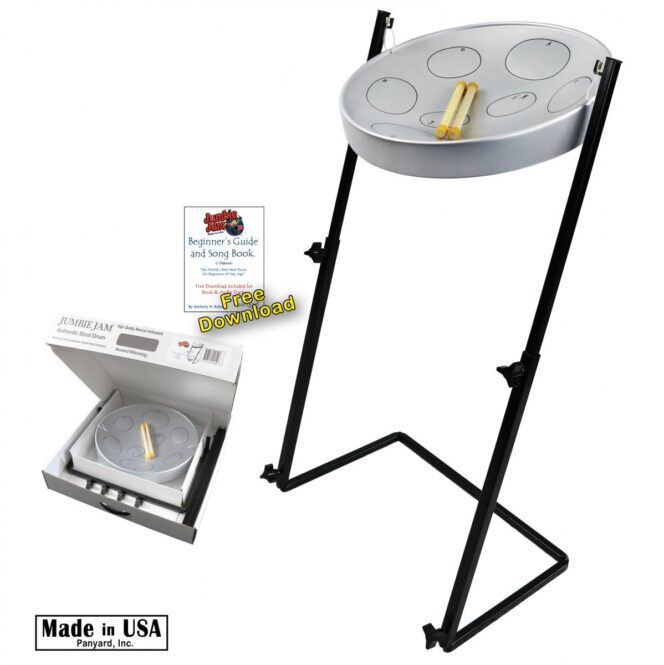 Jumbie Jam Steel Drum Kit - Metal Z-Floor Stand - Silver Pan (G) W1158