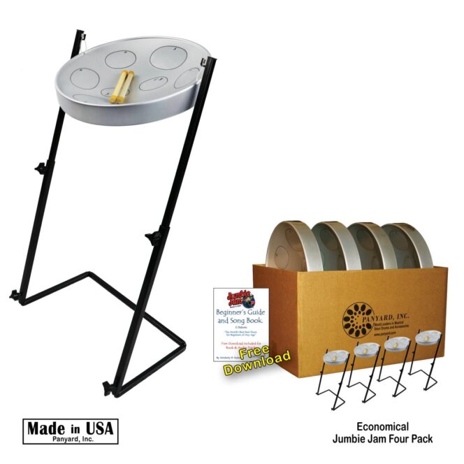 Jumbie Jam Steel Drum Educators 4-Pack - Metal Z-Floor Stands - Silver Pans (G) W1178