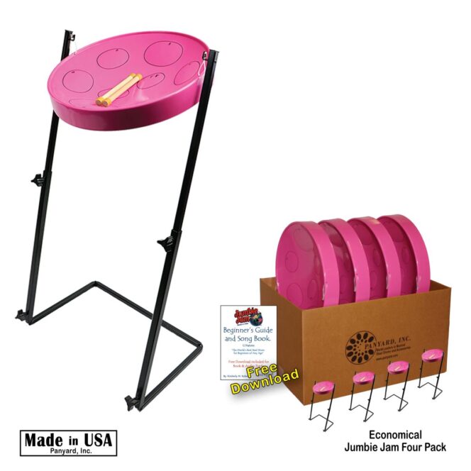 Jumbie Jam Steel Drum Educators 4-Pack - Metal Z-Floor Stands - Pink Pans (G) W1180