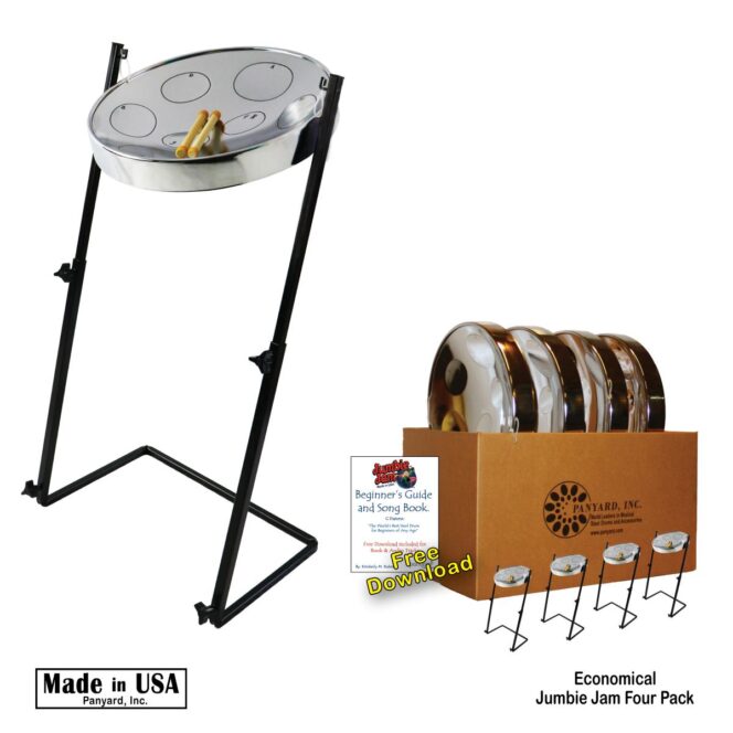 Jumbie Jam Steel Drum Educators 4-Pack - Metal Z-Floor Stands - Chrome Pans (G) W1182